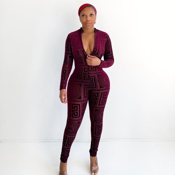 Cocoa Brownin Pants - Greca Velvet Jumpsuit in Burgundy